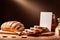 Product packaging mockup photo of bread with blank white card, studio advertising photoshoot