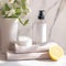 Product perfection Beauty spa essentials on white marble with freshness