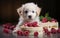 Product photo of a cute puppy eating White Cake, Generative Ai