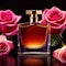 Product photography of luxurious perfume bottle with roses