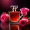 Product photography of luxurious perfume bottle with roses