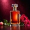 Product photography of luxurious perfume bottle with roses