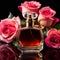 Product photography of luxurious perfume bottle with roses