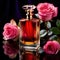 Product photography of luxurious perfume bottle with roses