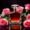 Product photography of luxurious perfume bottle with roses