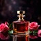 Product photography of luxurious perfume bottle with roses