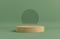 Product Podium - Wooden Podium, Green Reflective Background. 3D Illustration