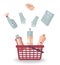 Product purchase concept: Detergents,washing powder,gloves and a sponge for cleaning house, office, restaurant, hotel are falling