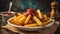 Product shot of delicious plate of fries with ketchup rustic setting food photography