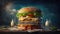 Product shot of fresh big hamburger or cheeseburger, AI Generative