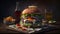 Product shot of fresh big hamburger or cheeseburger, AI Generative