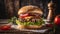 product shot of a juicy burger, artisan, rustic, food photography, delicious, close up shot