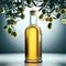 product shot of olive oil bottle standing between olive tree branches with olives hanging on them