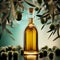 product shot of olive oil bottle standing between olive tree branches with olives hanging on them