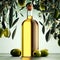 product shot of olive oil bottle standing between olive tree branches with olives hanging on them
