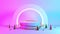Product Stand blue pink violet neon abstract background, studio modern ultraviolet light, room pastel interior, Glowing podium,