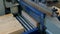 Production of laminated veneer lumber, gluing machine is applying glue on bars.