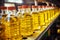 Production line in a factory filling containers with refined sunflower seed oil