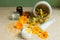 Production of natural cosmetics. Medicinal flowers of calendula, chamomile, mint and herbal tincture. Medicinal herbs. Organic cos