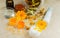 Production of natural cosmetics. Medicinal flowers of calendula, chamomile, mint and herbal tincture. Medicinal herbs. Organic cos