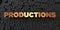 Productions - Gold text on black background - 3D rendered royalty free stock picture