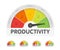 Productivity meter withdifferent emotions. Measuring gauge indicator vector illustration. Black arrow in coloured chart background