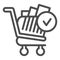 Products in cart checked line icon. Approved goods in market trolley with check mark sign. Commerce design concept