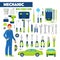 Profession Auto Mechanic Icons Set with Tools for Car Repairs