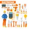 Profession Electrician Icons Set with Voltmeter and Tools