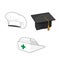 Profession hat set. Nurse cap, cook chef`s hat, graduation black square hat. Uniform accessories collection. Vector graphic