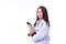 Profession healthcare people and medicine concept. Beautiful portrait friendly asian female doctor or nurse smiling with
