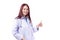 Profession healthcare people and medicine concept. Beautiful portrait friendly asian female doctor or nurse smiling and showing