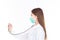 Profession healthcare people and medicine concept. Beautiful portrait friendly asian female doctor or nurse wearing mask at
