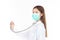 Profession healthcare people and medicine concept. Beautiful portrait friendly asian female doctor or nurse wearing mask at