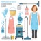 Profession and occupation set. Cleaning woman uniform, equipment flat design icon
