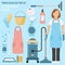 Profession and occupation set. Cleaning woman uniform, equipment flat design icon