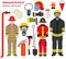 Profession and occupation set. Fireman equipment, firefighter service staff uniform flat design icon