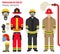 Profession and occupation set. Fireman equipment, firefighter service staff uniform flat design icon