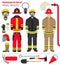 Profession and occupation set. Fireman equipment, firefighter service staff uniform flat design icon