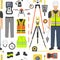 Profession and occupation set. Land surveyor tools and  equipment. Seamless pattern