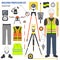 Profession and occupation set. Land surveyor tools and  equipment. Uniform flat design icon