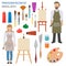 Profession and occupation set. Painter, artist accessories flat design icon