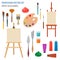 Profession and occupation set. Painter, artist accessories flat design icon