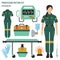 Profession and occupation set. Paramedic`s equipment, medical staff uniform flat design icon