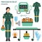 Profession and occupation set. Paramedic`s equipment, medical staff uniform flat design icon