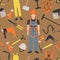 Profession and occupation set. Roofer tools and equipment. Seamless pattern