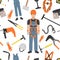 Profession and occupation set. Roofer tools and equipment. Seamless pattern