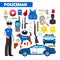 Profession Policeman Icons Set with Police Car and Handcuffs