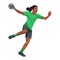 Professional African women\'s handball player figure in a green shirt throws a ball jumping