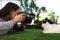 Professional animal photographer taking picture of cat outdoors